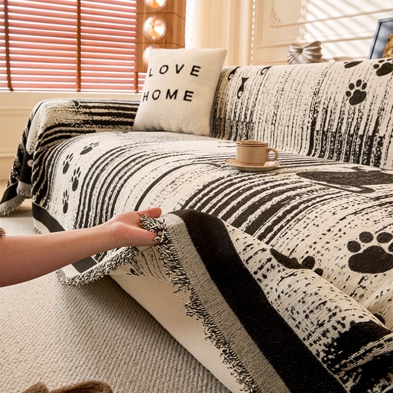 Cartoon Paw Print Chenille Anti-Scratch Throw Cover for Pets