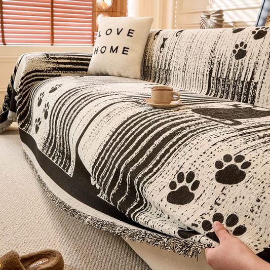 Cartoon Paw Print Chenille Anti-Scratch Throw Cover for Pets