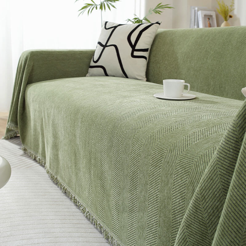 Chenille Herringbone Tassel Sofa Cover - Elegant Comfort