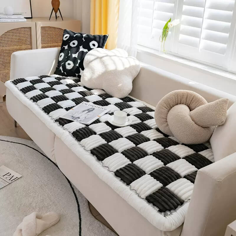 Cozy Cream Plaid Square Fuzzy Pet Dog Bed Cover