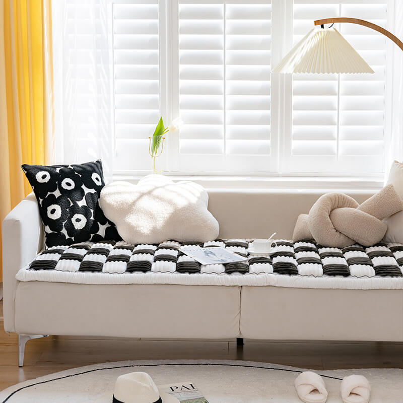 Cozy Cream Plaid Square Fuzzy Pet Dog Bed Cover