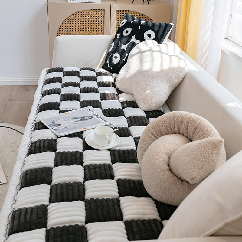 Cozy Cream Plaid Square Fuzzy Pet Dog Bed Cover