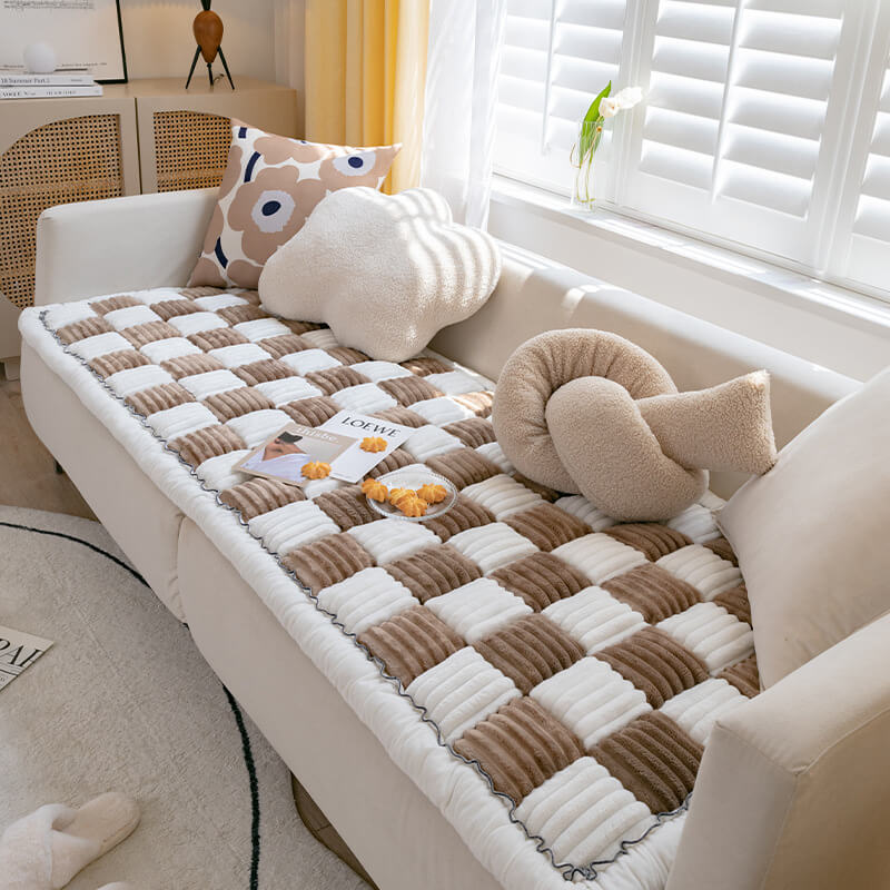 Cozy Cream Plaid Square Fuzzy Pet Dog Bed Cover
