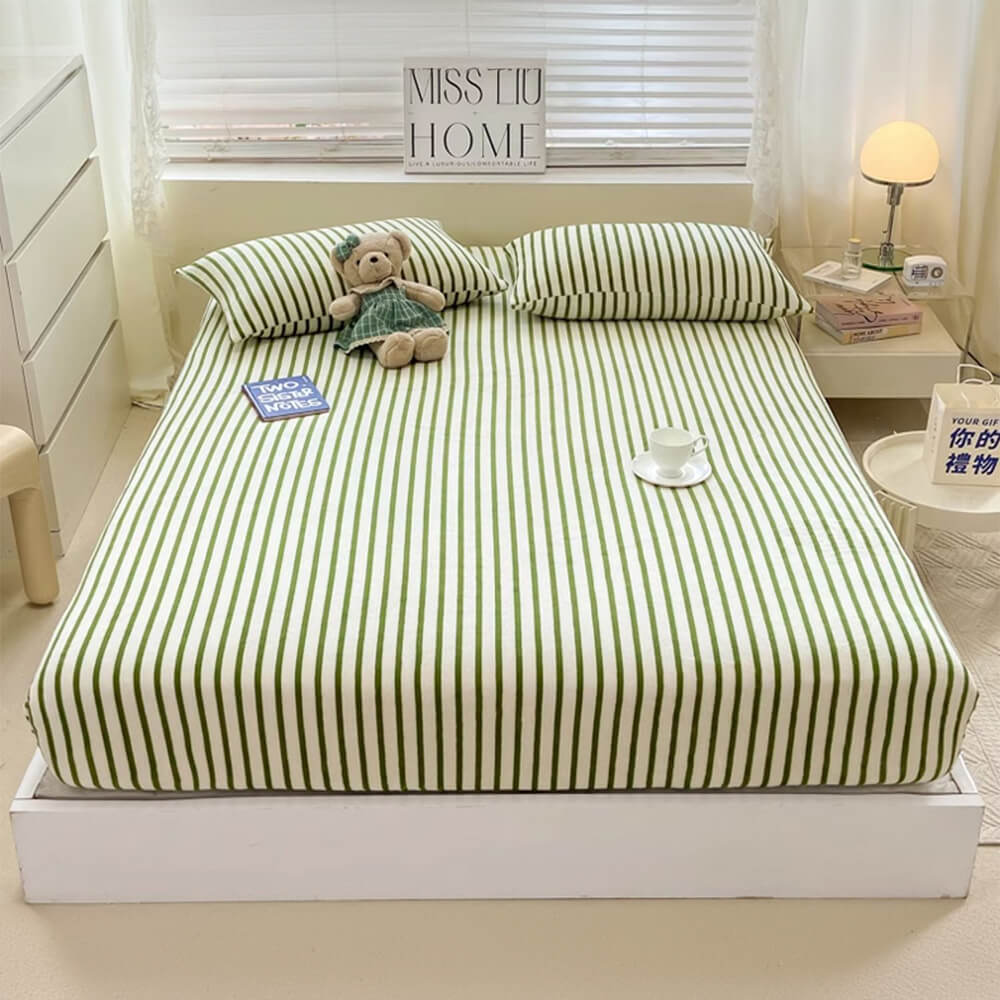 Elegant Striped Milk Velvet Non-Slip Fitted Sheet Set for Cozy Comfort