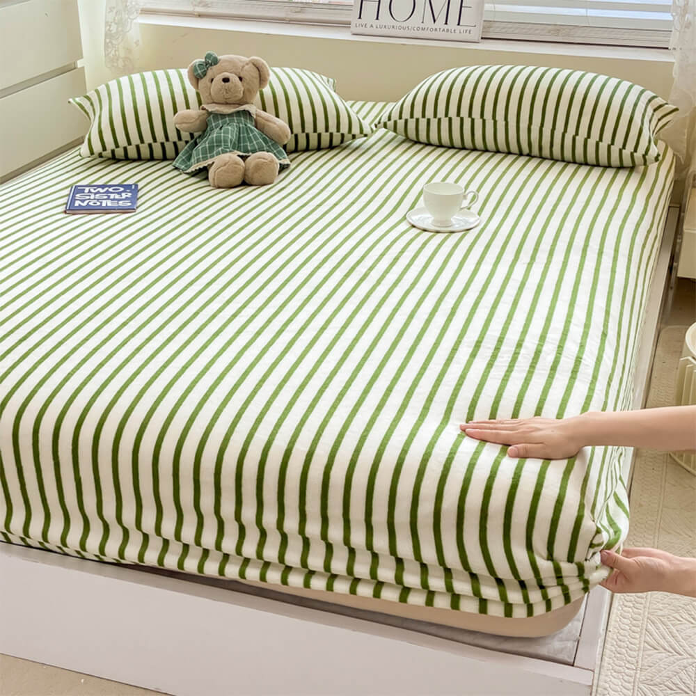 Elegant Striped Milk Velvet Non-Slip Fitted Sheet Set for Cozy Comfort