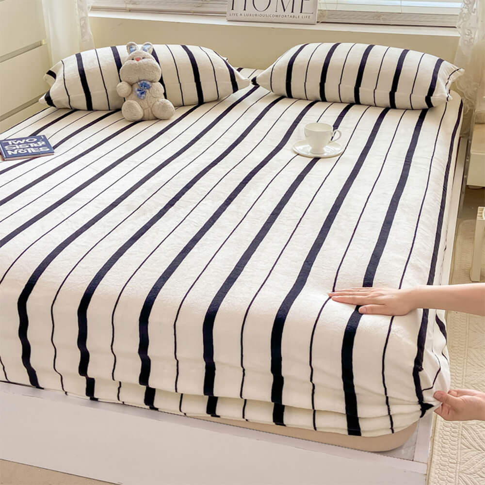 Elegant Striped Milk Velvet Non-Slip Fitted Sheet Set for Cozy Comfort