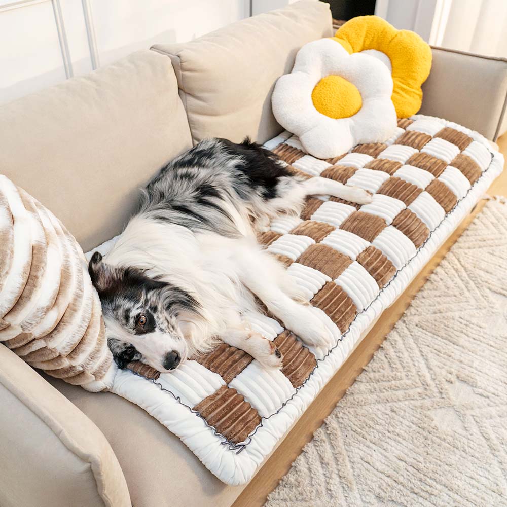 Cozy Cream Plaid Square Fuzzy Pet Dog Bed Cover