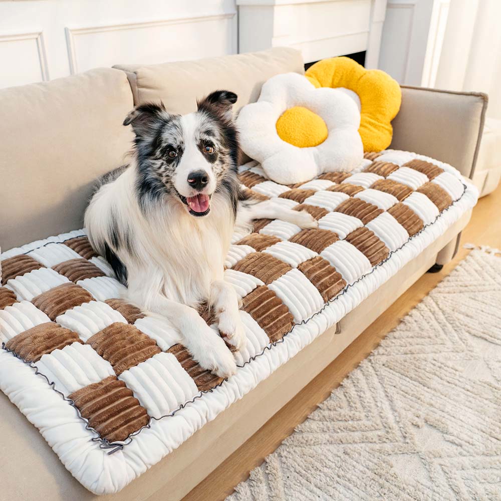 Cozy Cream Plaid Square Fuzzy Pet Dog Bed Cover