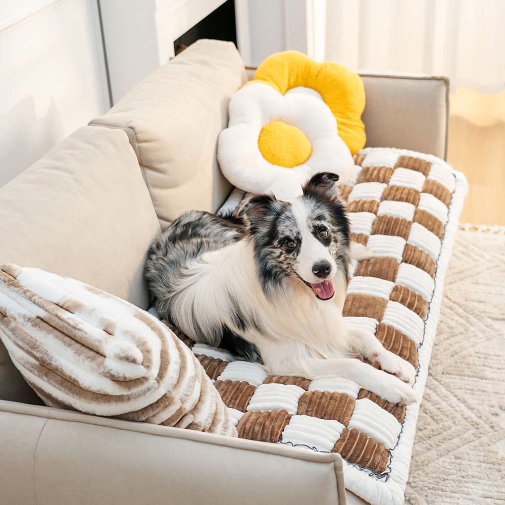 Cozy Cream Plaid Square Fuzzy Pet Dog Bed Cover
