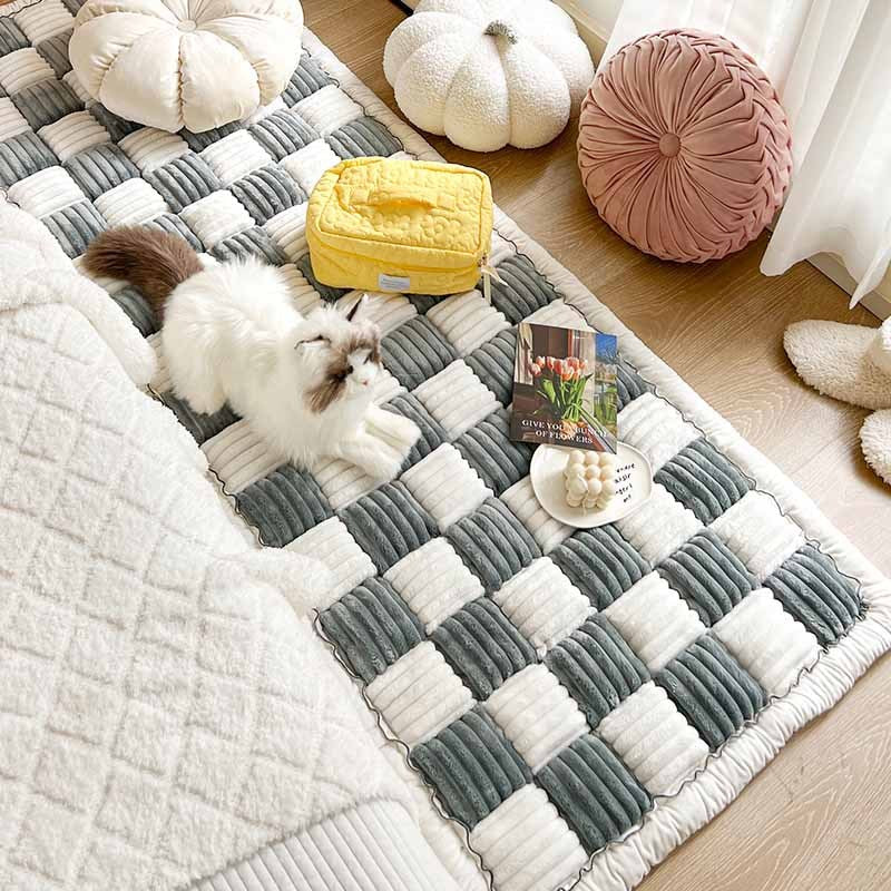 Cozy Cream Plaid Square Fuzzy Pet Dog Bed Cover