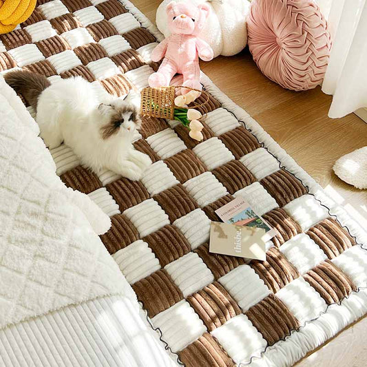 Cozy Cream Plaid Square Fuzzy Pet Dog Bed Cover